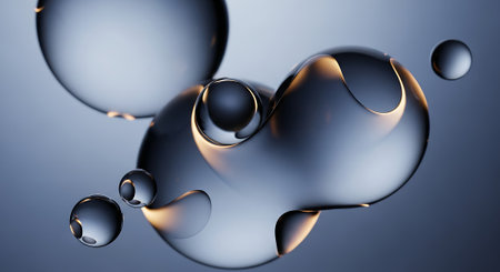 3d render of water droplets on a dark blue background.の素材