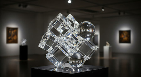 3D rendering of a glass cube in the interior of a museumの素材