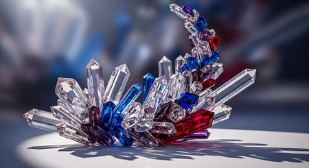 3d illustration of blue, red and purple diamonds on white backgroundの素材
