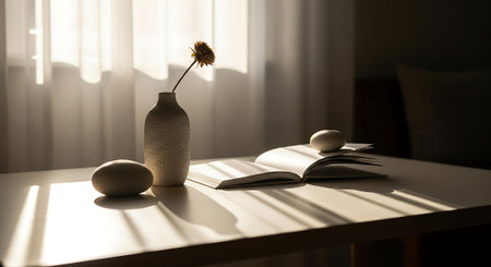 Vase with dried flower and book on the table in the sunlightの素材