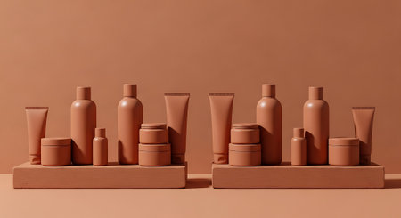 Set of cosmetic bottles on brown background. 3d render illustration.の素材