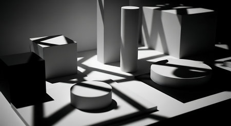 3d rendering of abstract geometric shapes in black and white color.の素材