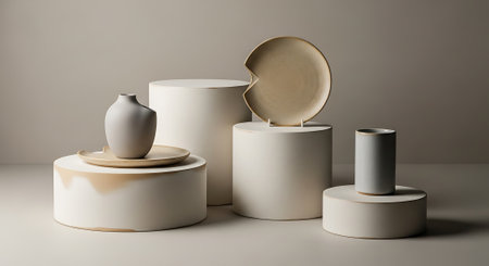 3d render of white podiums with vase on white backgroundの素材