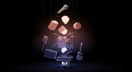 3d illustration of a table with various stationery objects and booksの素材