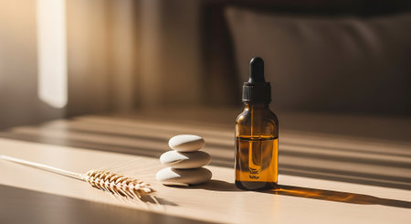 Essential oil in a glass bottle with a pipette on a wooden table with white stonesの素材