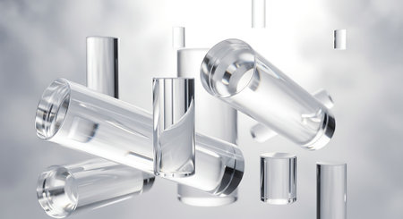 Transparent glass vials on a gray background. 3D renderingの素材