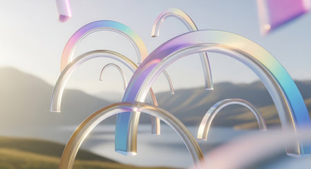 3d illustration of abstract background with fantasy landscape and rainbow colors.の素材