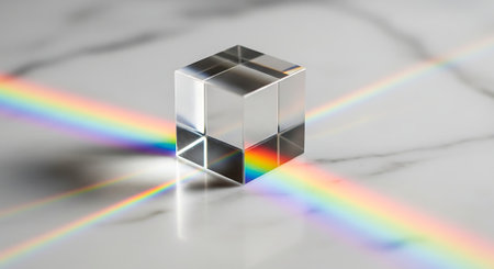 3D render of a silver cube with a rainbow in the backgroundの素材