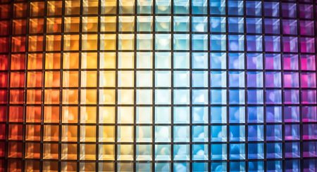 Colorful stained glass windows in a modern office building, abstract backgroundの素材