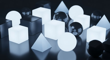 3D rendering of abstract geometric shapes in black and white colors. Cubes and pyramids.の素材