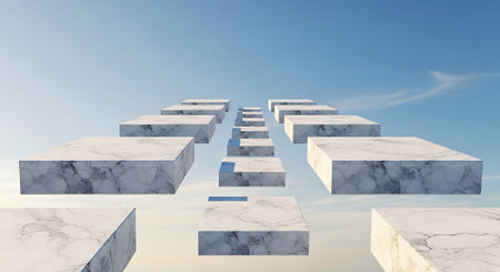 3d rendering of white marble steps in a blue sky with cloudsの素材