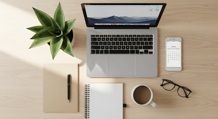 Top view of modern workplace with laptop, smartphone, notebook and coffee cup on wooden tableの素材