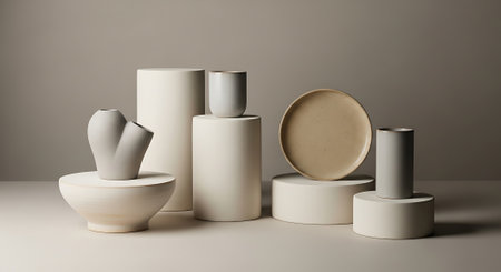 3d render of abstract minimal geometric shapes composition. Cylinder podiums.の素材