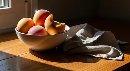 Peaches in a bowl on a wooden table with a napkinの素材