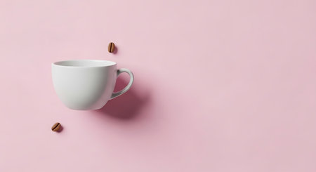 Coffee cup with coffee beans on pastel pink background. Flat lay, top view.の素材