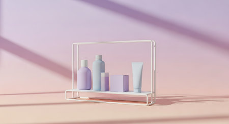 3d render of a shelf with cosmetic products on pink background.の素材