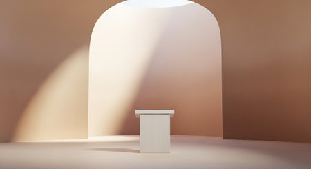 White podium in room with arch and shadow. 3D rendering.の素材