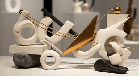 Abstract composition made of wooden figures. Minimalism style. 3d renderの素材