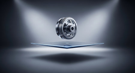 3D rendering of a metal ball bearing on a pedestal illuminated by spotlightsの素材