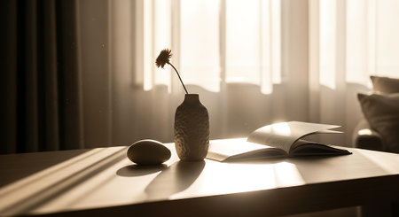 Vase with flower on the table near the window in the morningの素材