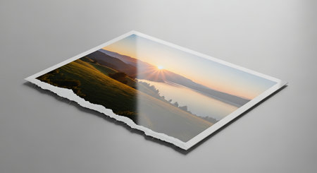 Piece of torn paper with beautiful landscape image on grey background.の素材