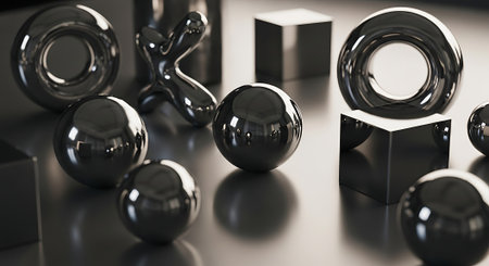 Abstract 3d rendering of geometric shapes. Futuristic background with black spheres.の素材
