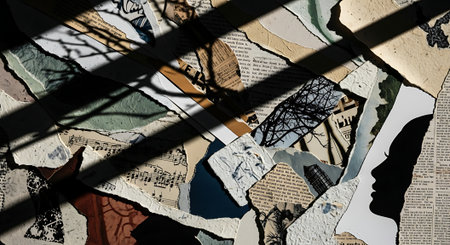 Pile of old papers with shadow on the wall in Paris, Franceの素材