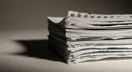 Pile of old paper sheets on grey background, close-upの素材