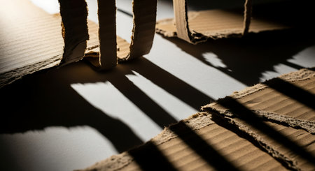 Corrugated cardboard with shadow on the table. Selective focus.の素材