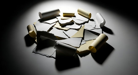 Pieces of torn paper on a dark background. 3d illustrationの素材