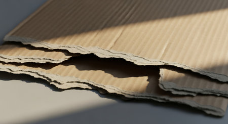 Corrugated cardboard on a gray background. Shallow depth of field.の素材