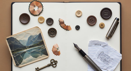 Retro styled image of a pen, inkwell, buttons and paper on a notebookの素材