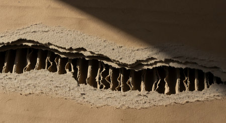 Close up of a hole in the wall of a house made of corrugated cardboardの素材