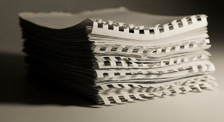 Close up of stack of papers on black background. Shallow depth of field.の素材