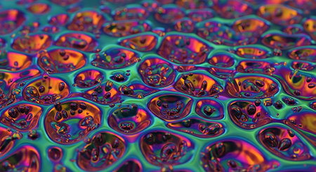 abstract colorful background macro close up of oil drops on water surfaceの素材