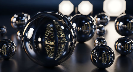 3d render of black glass balls with glowing lights in the backgroundの素材