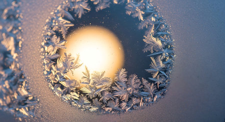 Frosty natural pattern on a car window at sunrise in winterの素材