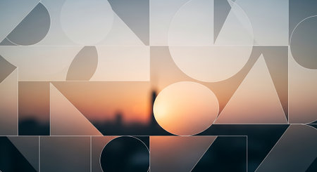 Double exposure of city skyline at sunset with lens flare effect, business and technology conceptの素材