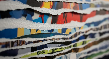 Piece of torn paper with colorful inscriptions, close-upの素材