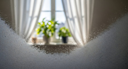 water drops on the window with a large window in the background.の素材