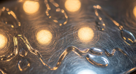 Close-up of a shiny metal plate with a golden bokehの素材