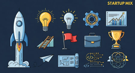 Startup icons set with rocket, lightbulb, cogwheel, briefcase and other elements.の素材