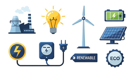 Renewable energy icons set in flat style. Vector illustration.の素材
