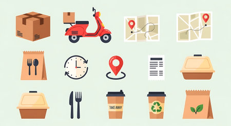 Set of flat design icons for fast food delivery. Vector illustration.の素材