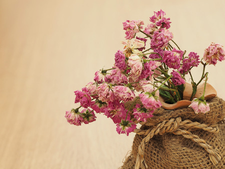 Dry roses, dried roses, blurred dry pink roses in brown sack on wood floor, vintage roses, concept of love.の写真素材