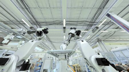 This is a high detailed 3D image of a Robotic Factory, where Industrial Robots are showing a part of their capabilities. Completely CGI, done with 3D Studio Max. There are different versions of this image available, as well as a high detailed 8K animation and lots of 4K animations.の写真素材
