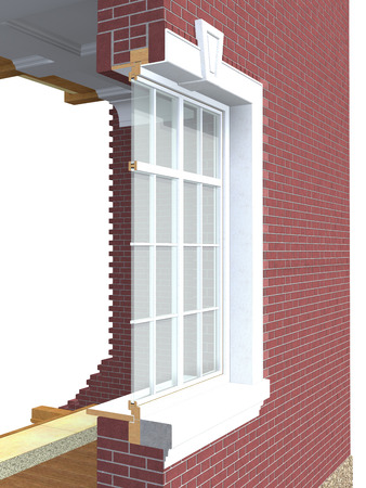Cross section of wooden window with double glazing in brick wall isolated on whiteの写真素材