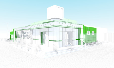 Store building with showcase billboard and bike parkingの写真素材