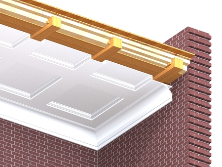 Cross section of wooden overlap in a brick houseの写真素材