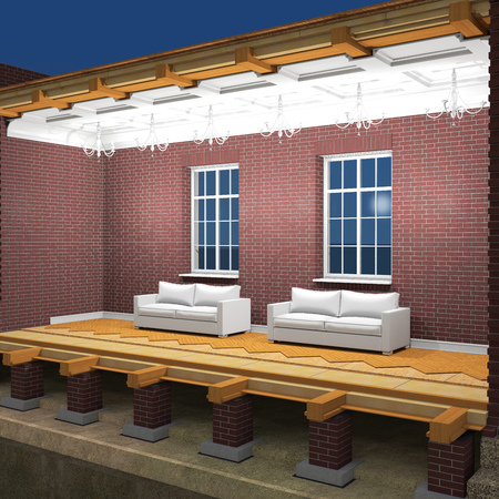 Cross section of brick house at night. 3D renderingの写真素材